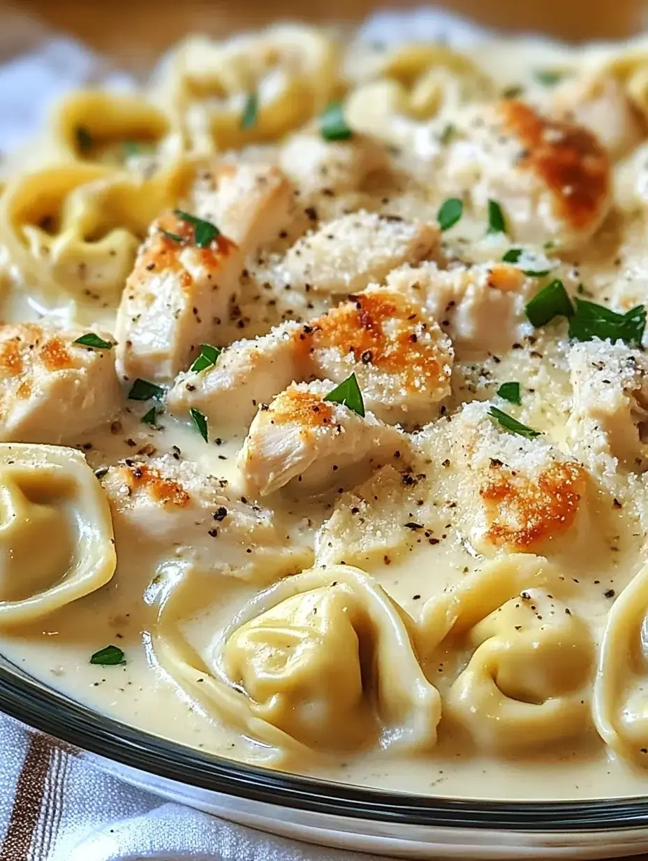 A close-up image of a creamy pasta dish featuring tortellini, sliced grilled chicken, and garnished with parsley.