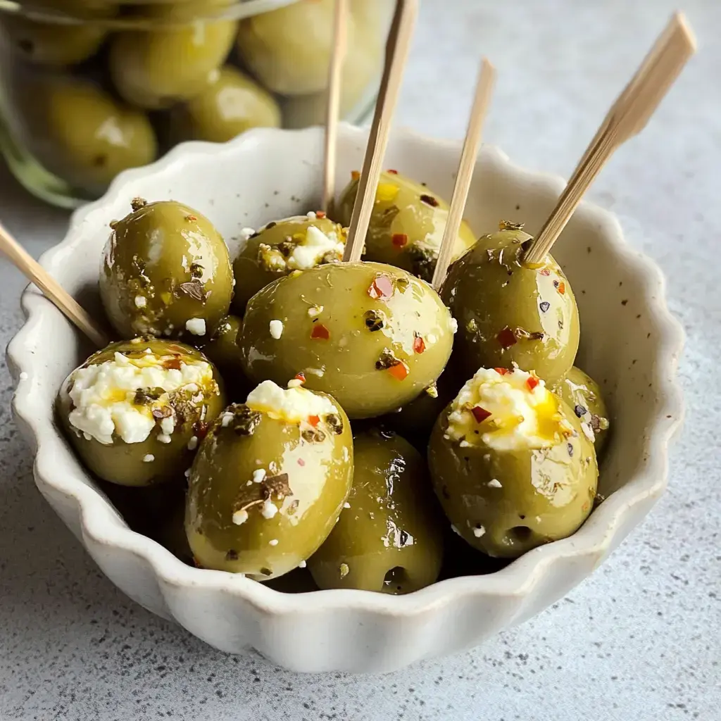 A small white bowl filled with green olives topped with feta cheese and red pepper flakes, garnished with olive oil and wooden picks.