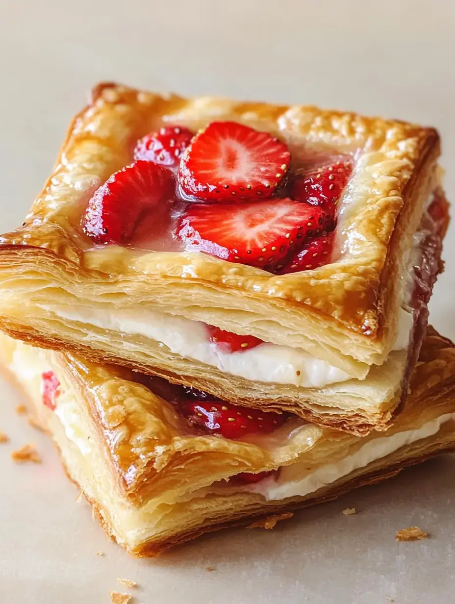 A stack of two flaky pastry squares filled with cream and topped with sliced strawberries.