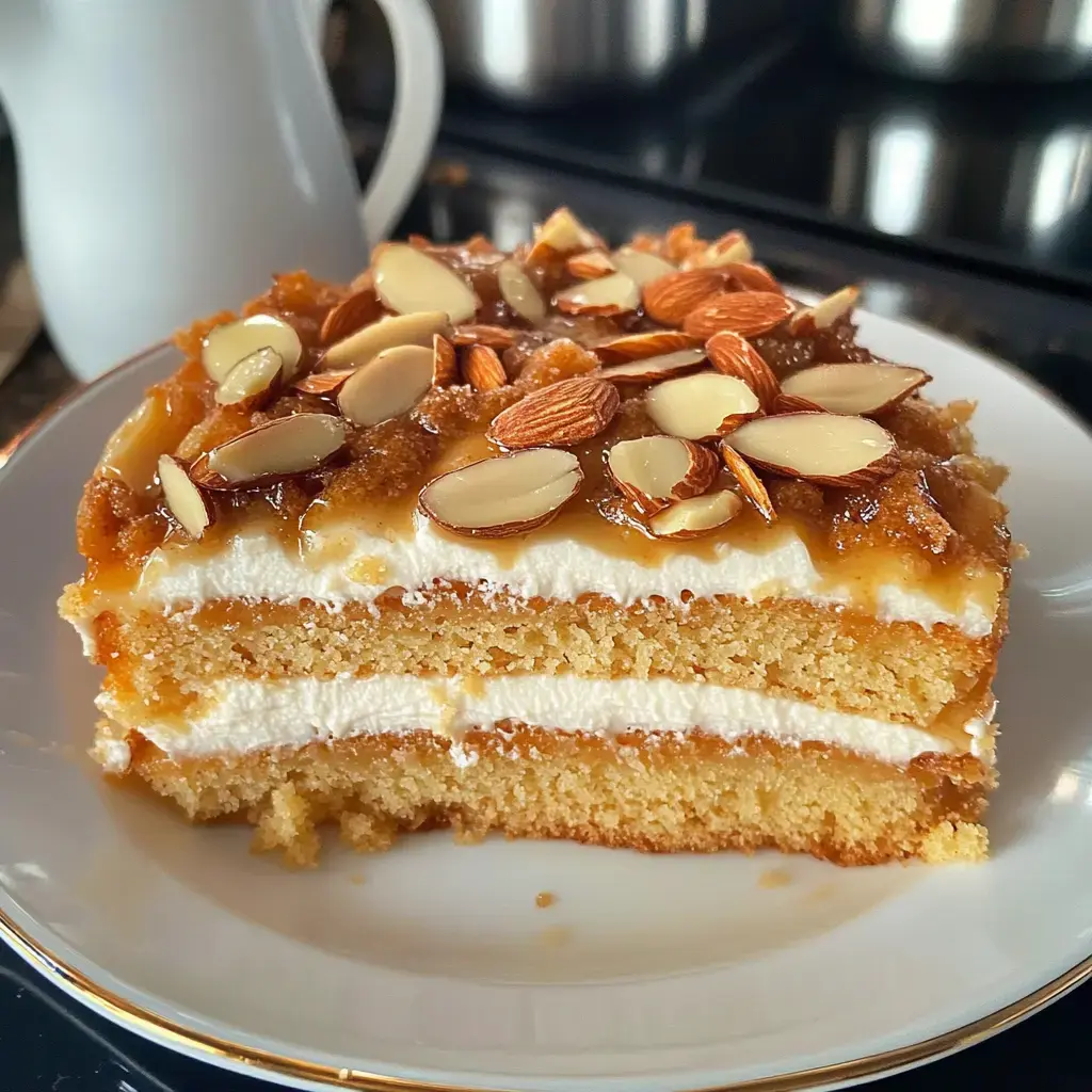 A slice of layered cake topped with caramel and almonds, sitting on a decorative plate.