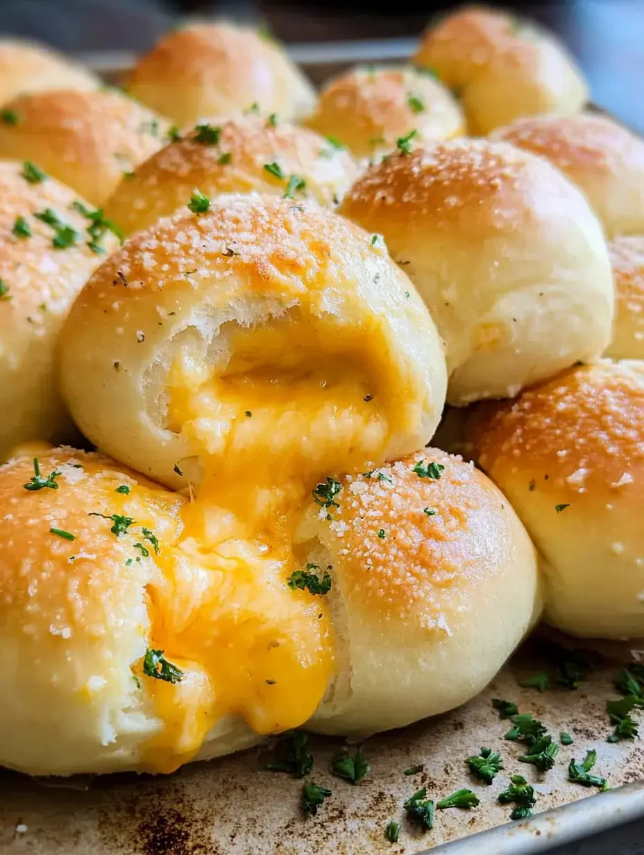 A close-up of golden-brown baked rolls dusted with herbs, showcasing melted cheese oozing from one of the rolls.