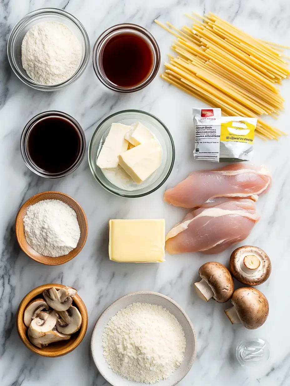 A flat lay photo of various cooking ingredients including chicken breast, spaghetti, butter, flour, mushrooms, and different types of sauces displayed on a marble surface.