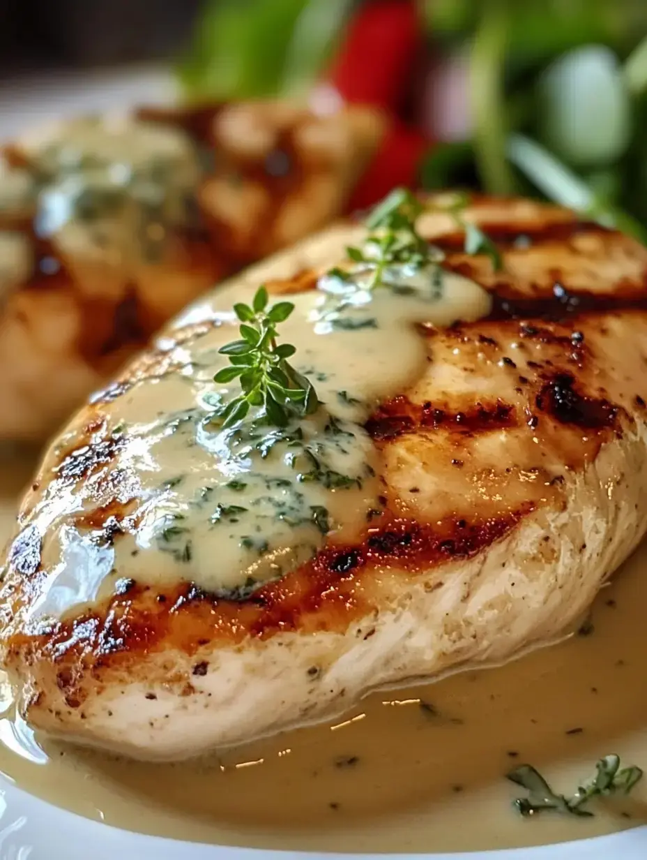 A grilled chicken breast topped with buttery herb sauce and garnished with fresh thyme, served alongside a leafy salad.