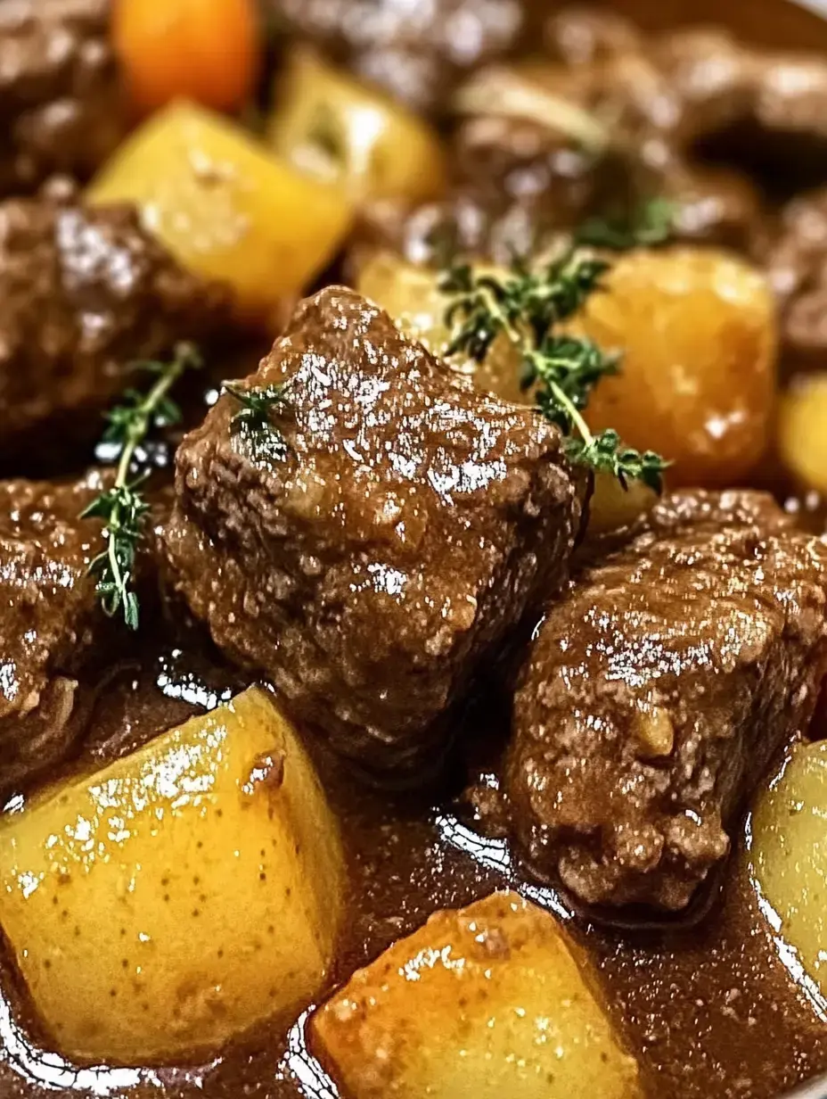 A close-up image of tender beef chunks and yellow potatoes simmered in a rich brown gravy, garnished with fresh thyme.