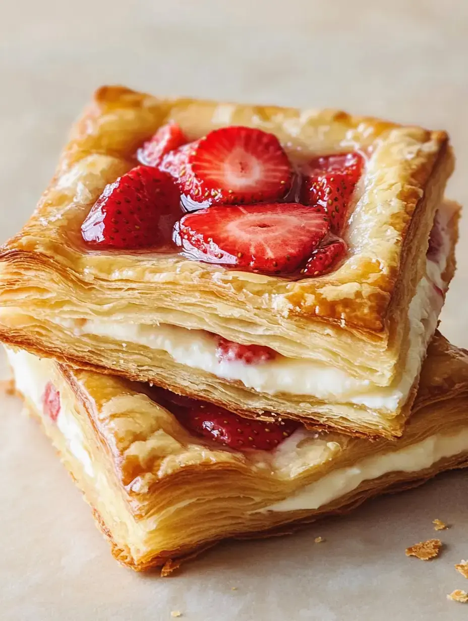 Two layers of flaky pastry filled with creamy custard and topped with fresh strawberries and shiny fruit glaze.