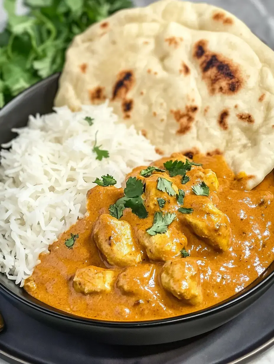 A bowl of butter chicken curry served with basmati rice and naan bread, garnished with fresh cilantro.