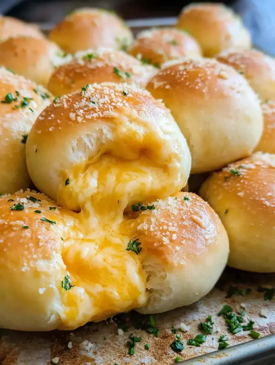 A close-up image of golden-brown cheese-filled rolls garnished with parsley and sprinkled with parmesan.