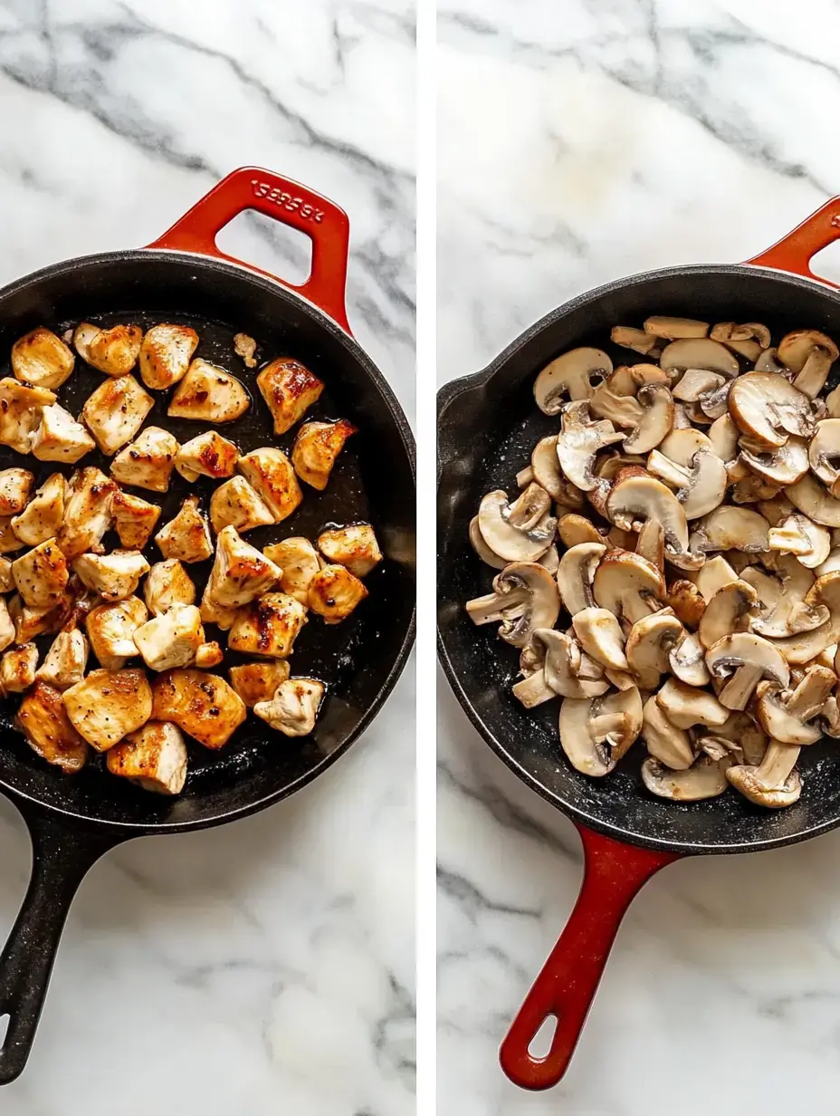 A skillet displaying cooked chicken pieces on the left and sautéed mushroom slices on the right, set against a marble countertop.