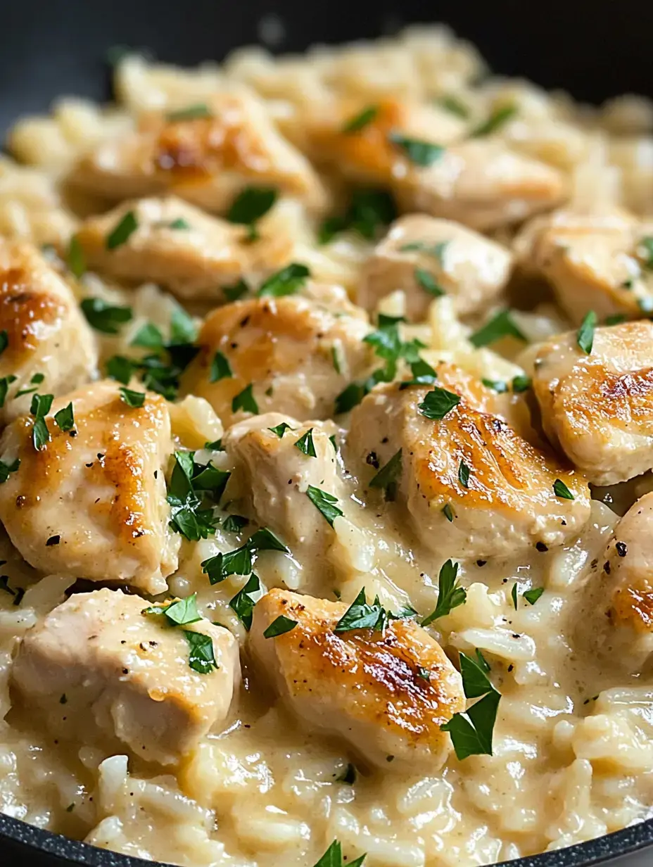 A close-up of a skillet filled with creamy chicken and rice, garnished with fresh parsley.