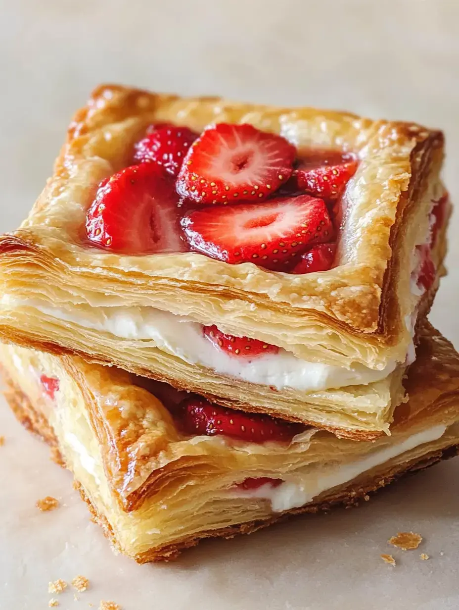 A stack of flaky pastry topped with fresh sliced strawberries and cream filling.