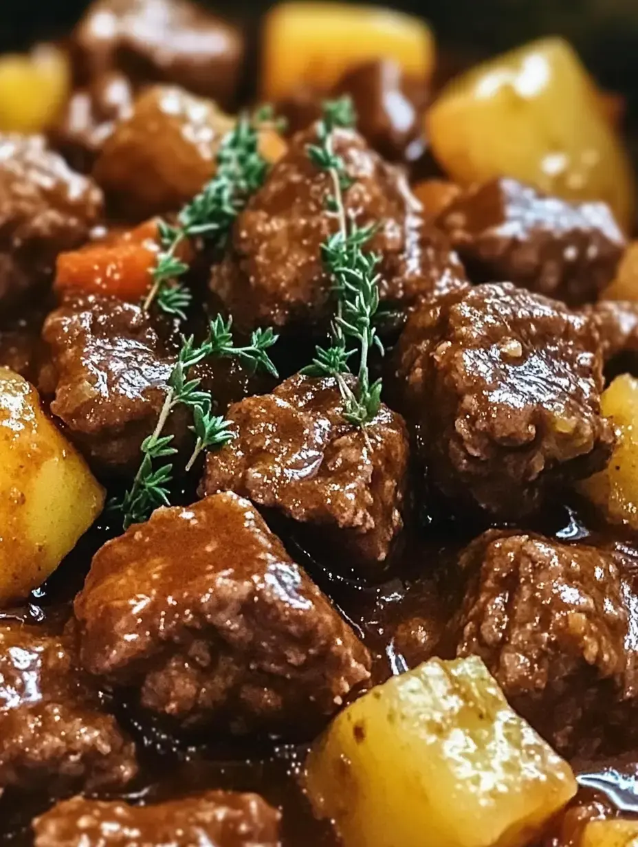 A close-up of beef stew featuring tender chunks of beef, potatoes, and carrots, garnished with fresh thyme.