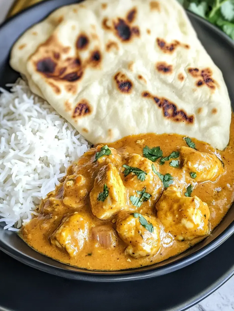 A plate of rice served with a creamy chicken curry and a piece of naan bread, garnished with fresh cilantro.