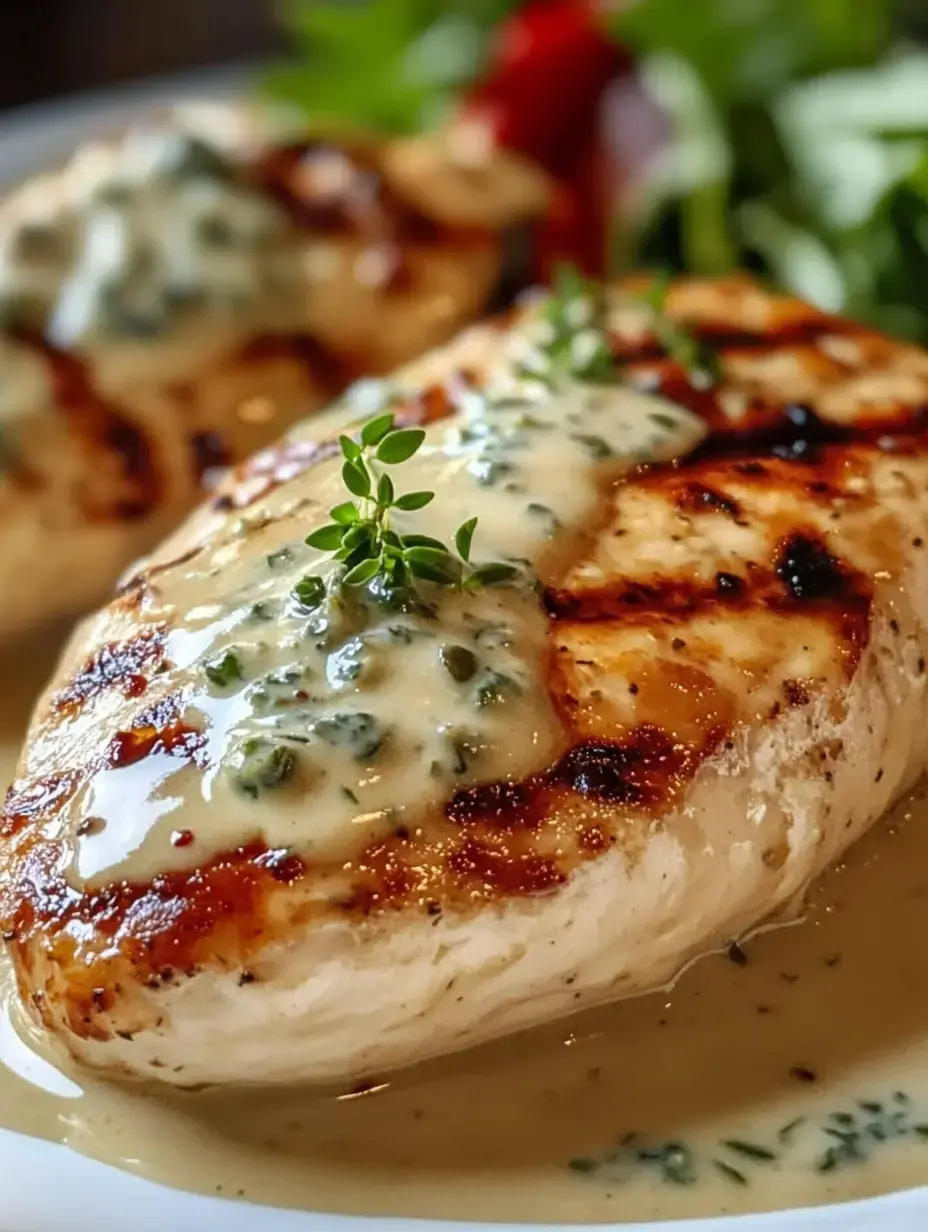 Grilled chicken breasts topped with a creamy herb sauce, served with a side of fresh greens.