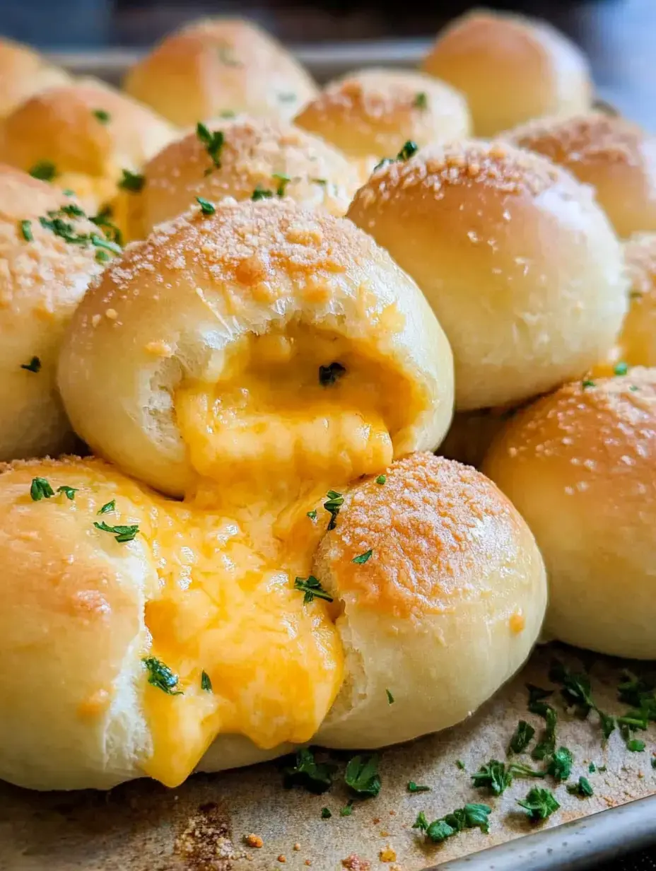 A close-up of freshly baked cheese-filled rolls, some of which are broken open to reveal melted cheese, garnished with parsley on a baking tray.