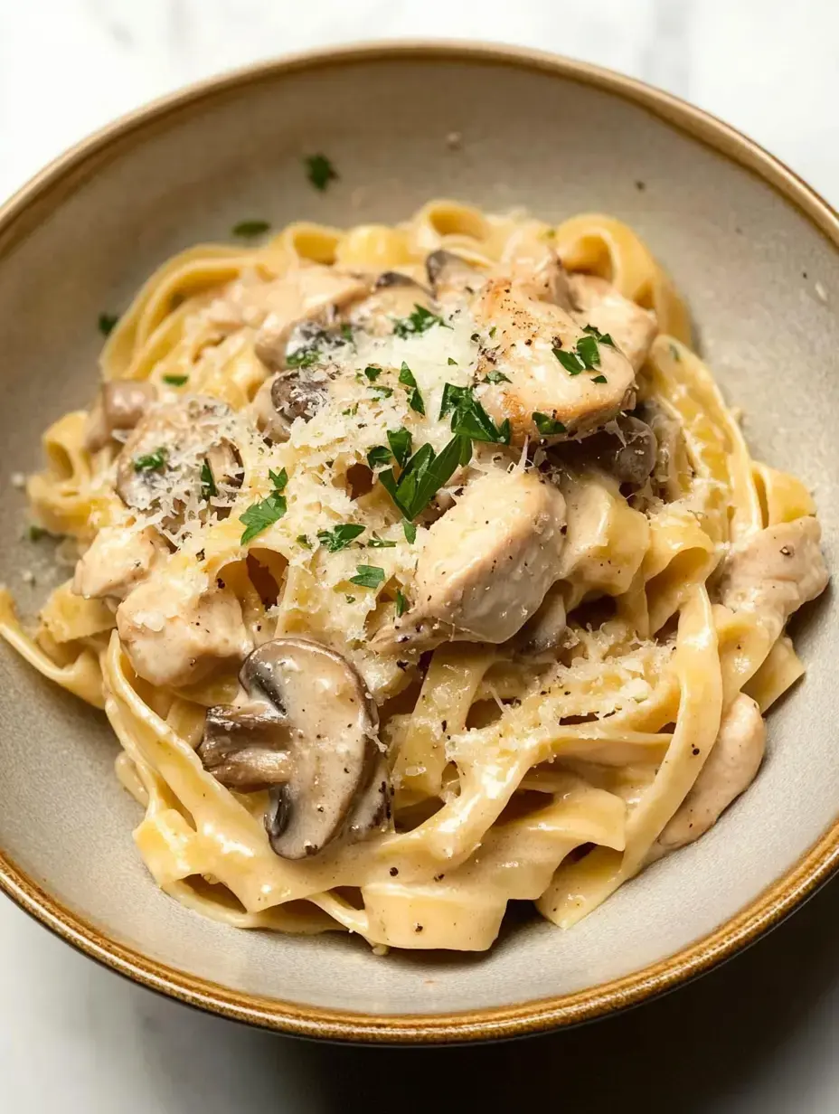 A bowl of creamy fettuccine pasta topped with sautéed chicken, mushrooms, grated cheese, and parsley.