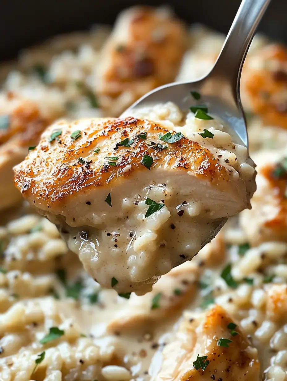 A close-up of a spoonful of creamy risotto with a piece of sautéed chicken, garnished with herbs.