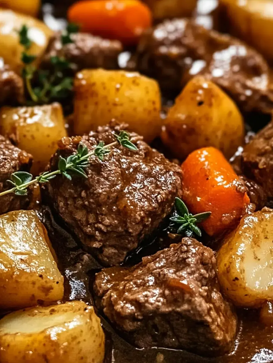 A close-up image of tender beef chunks, carrots, and potatoes simmered in rich gravy, garnished with fresh thyme.