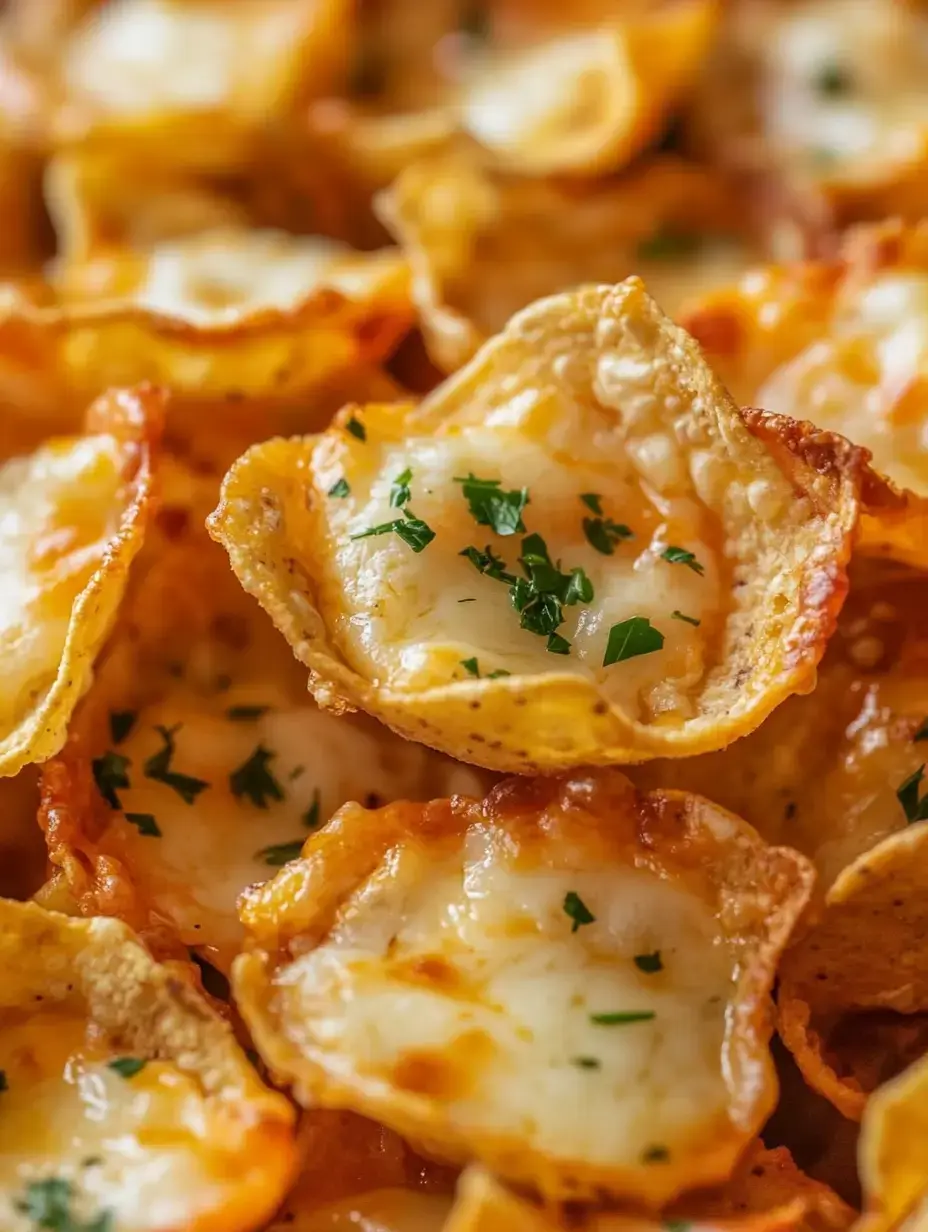 A close-up of crispy tortilla chips topped with melted cheese and garnished with fresh parsley.