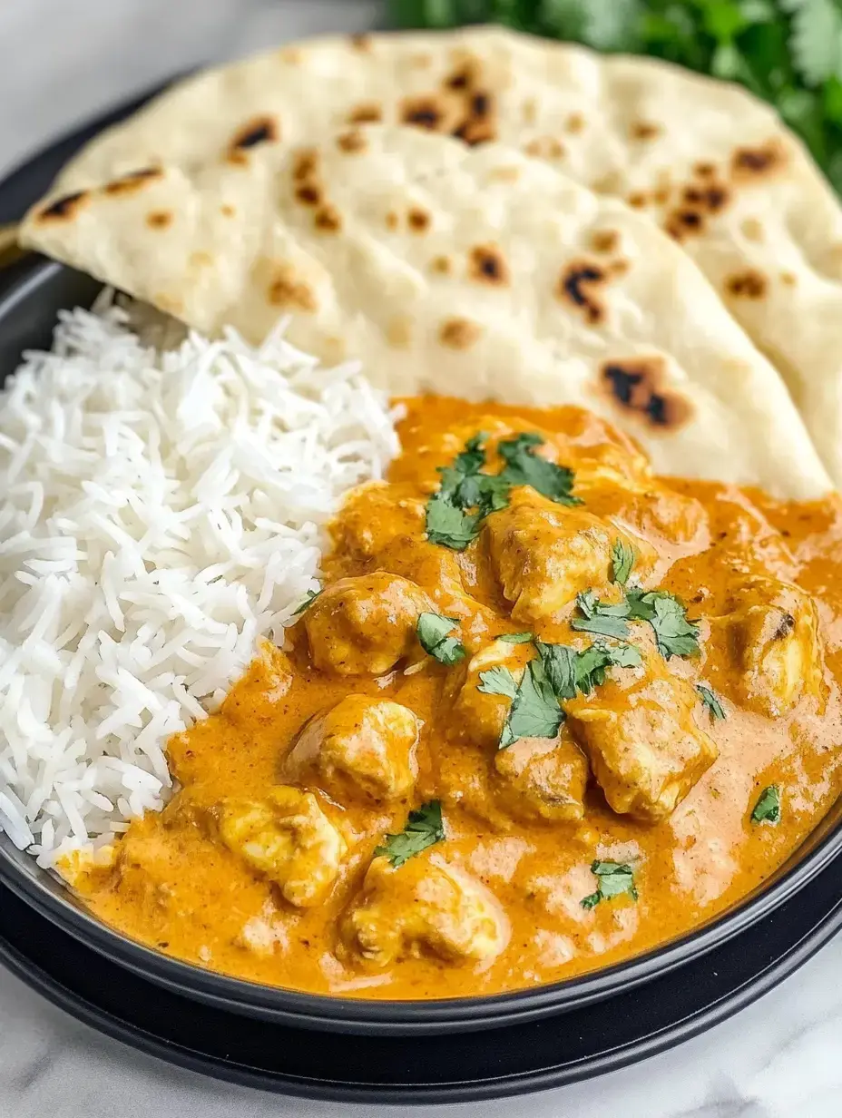 A plate of creamy chicken curry garnished with cilantro, served with white rice and flatbread.