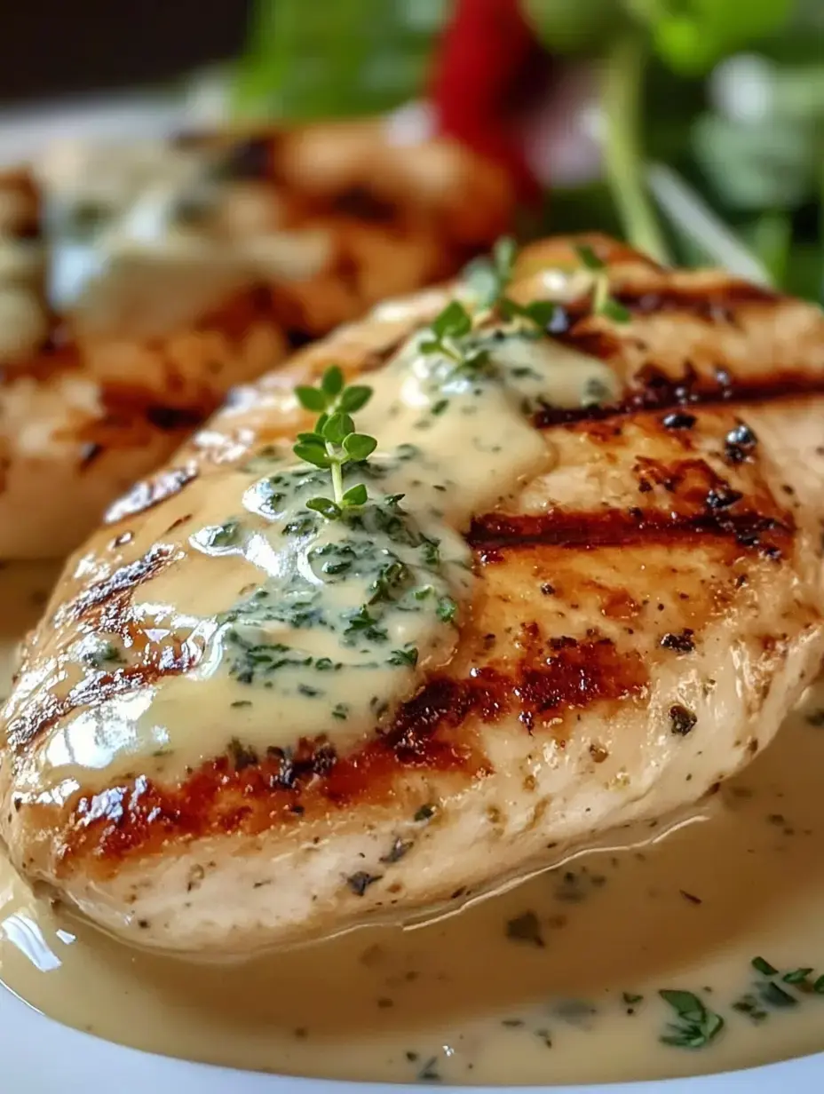 Grilled chicken breast topped with a creamy herb sauce, garnished with fresh thyme, served on a plate.