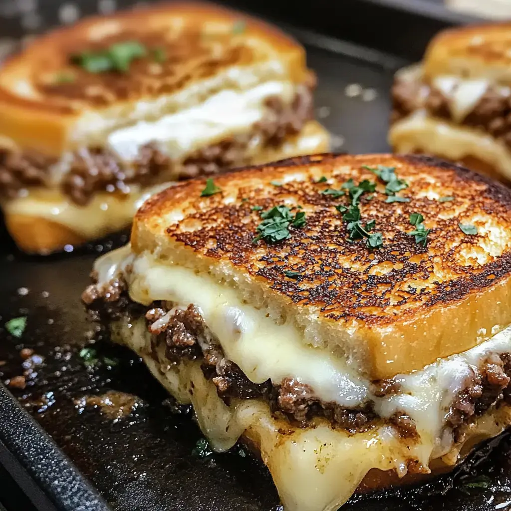 A close-up of a grilled sandwich filled with ground beef and melted cheese, garnished with chopped herbs on top.