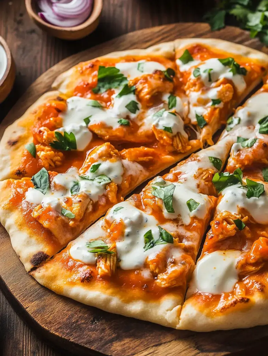 A close-up of a pizza topped with orange sauce, shredded chicken, dollops of white sauce, and fresh herbs, served on a wooden board.