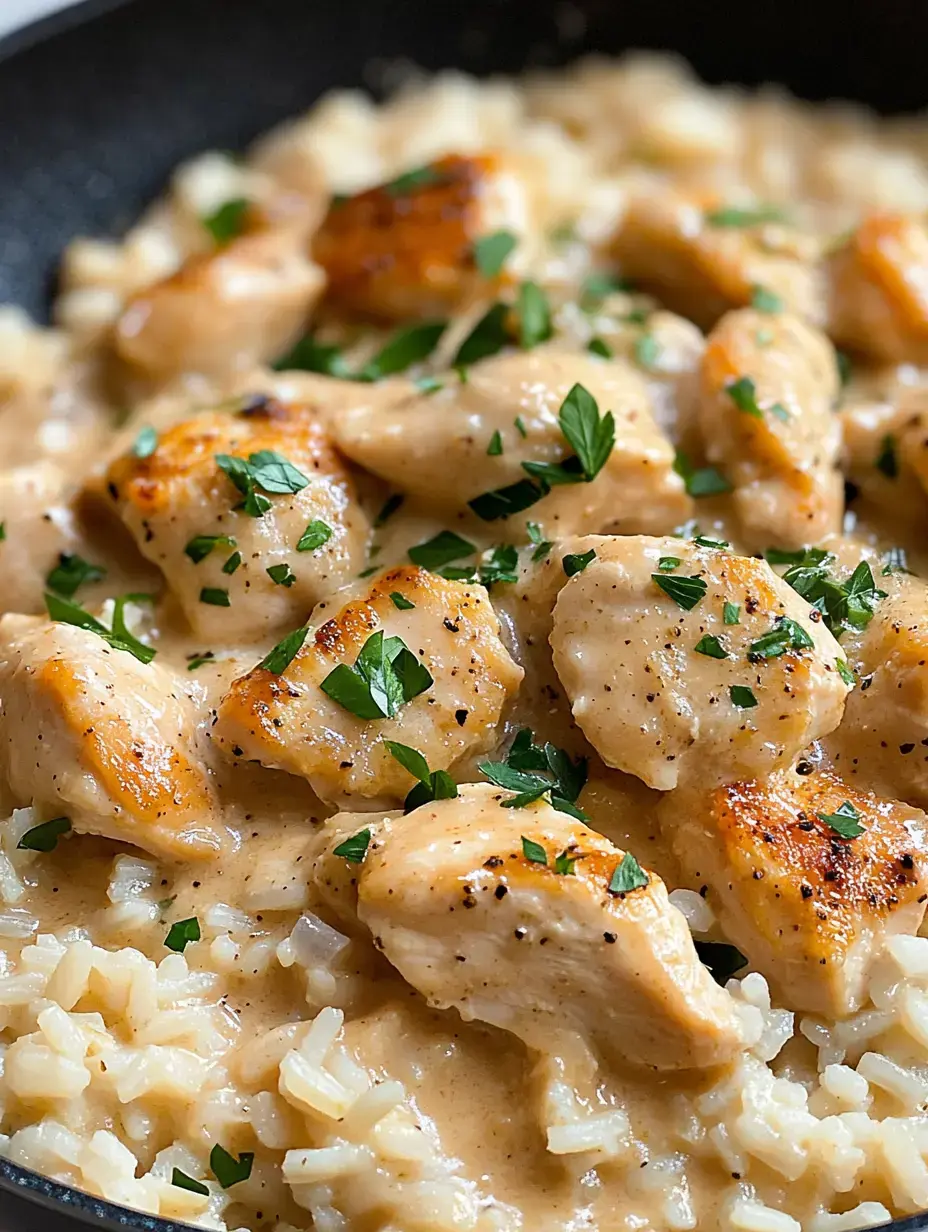 A skillet filled with tender pieces of chicken in a creamy sauce, served over rice and garnished with fresh parsley.