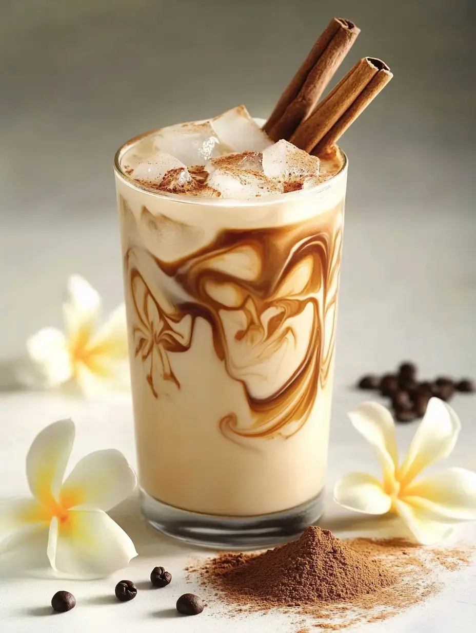 A chilled, swirled coffee drink garnished with cinnamon sticks, ice, and surrounded by blossoms and coffee beans.