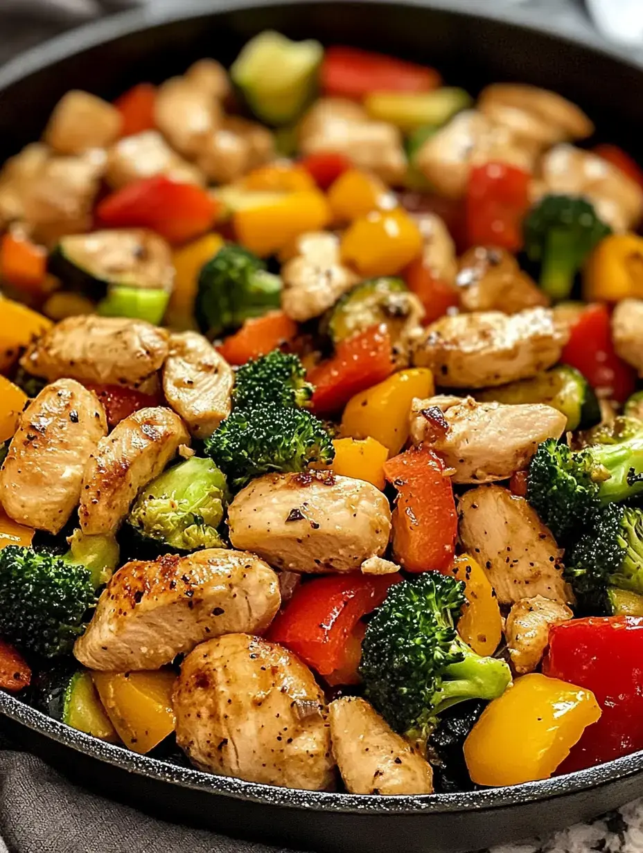 A close-up of a skillet filled with sautéed chicken pieces and colorful mixed vegetables, including bell peppers and broccoli.