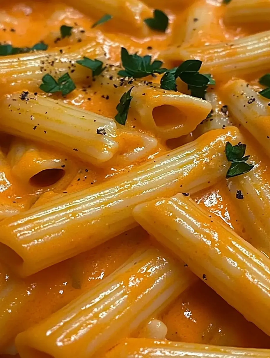 A close-up of creamy pasta with a rich orange sauce, topped with fresh green herbs and black pepper.