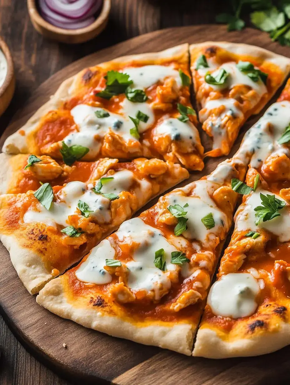 A freshly baked pizza topped with shredded chicken, a creamy sauce, and garnished with fresh herbs, sliced on a wooden serving board.