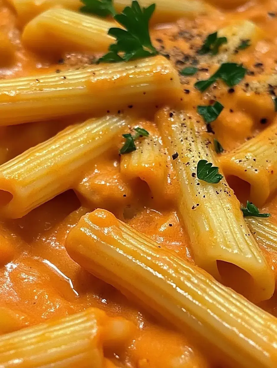 A close-up of rigatoni pasta coated in creamy orange sauce, garnished with chopped parsley and black pepper.