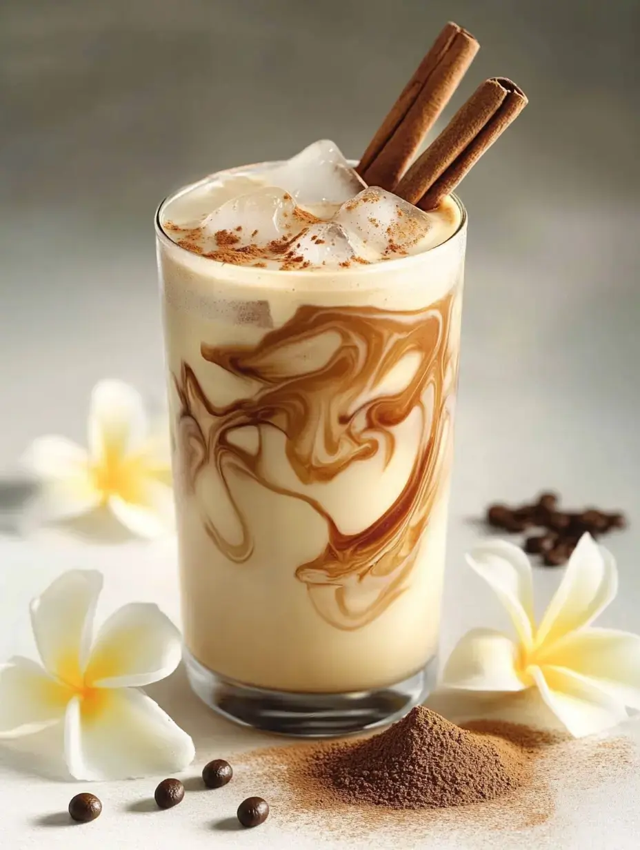 A glass of iced coffee with cream and chocolate swirls, topped with ice, cinnamon sticks, and surrounded by coffee beans and flowers.