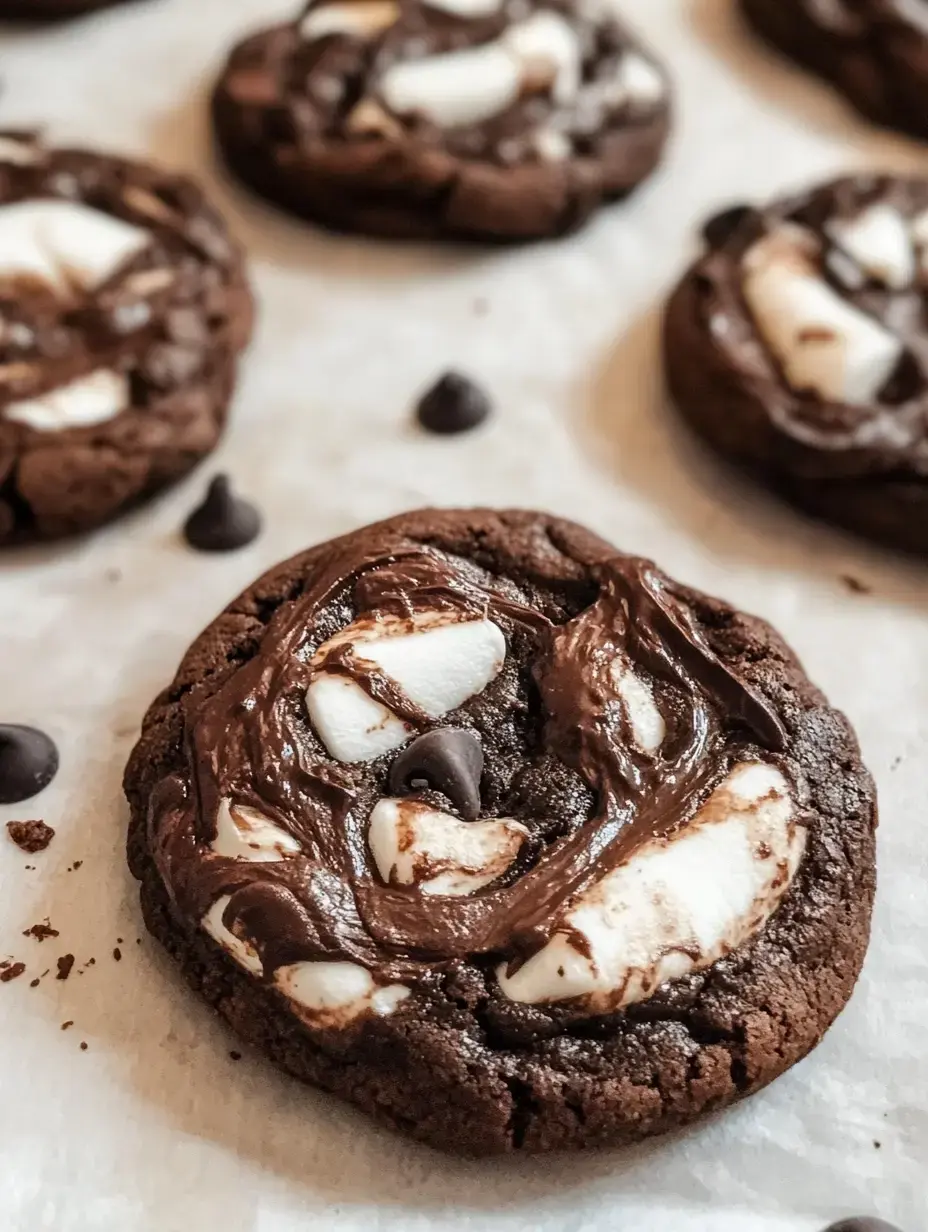 A close-up of a chocolate cookie topped with melted chocolate, marshmallows, and chocolate chips on parchment paper.