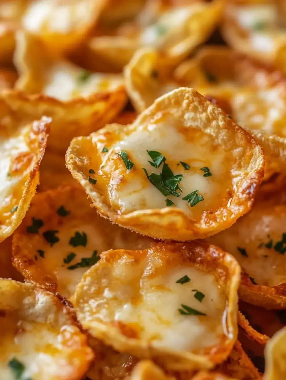 A close-up image of crispy, golden-brown fried wontons topped with melted cheese and garnished with chopped parsley.