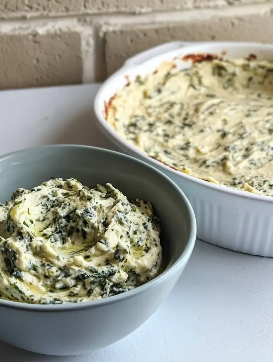 A bowl of creamy spinach mixture is placed in front of a larger dish of the same prepared spinach dish.