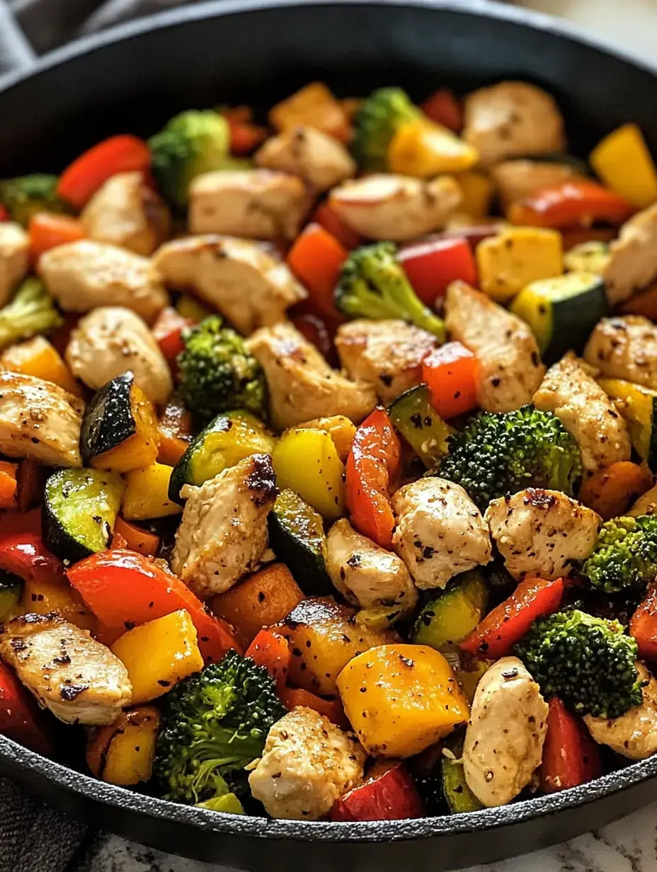 A close-up of a skillet filled with colorful sautéed chicken pieces and a variety of vegetables, including broccoli, bell peppers, and zucchini.