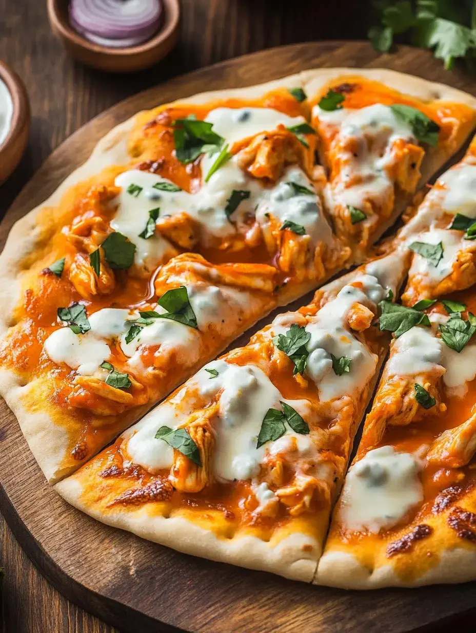 A freshly baked pizza topped with shredded chicken, a tangy sauce, and fresh herbs, served on a wooden platter.