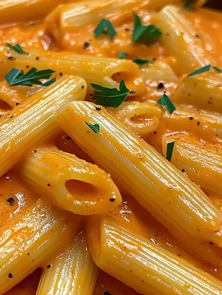 A close-up of penne pasta coated in a creamy orange sauce and garnished with fresh parsley.