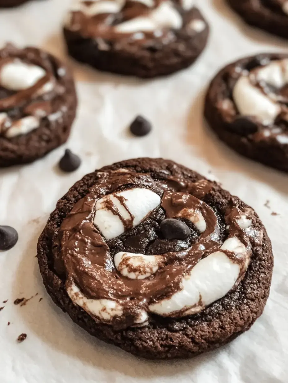 A close-up of a chocolate cookie topped with swirls of chocolate and marshmallows, surrounded by chocolate chips on parchment paper.