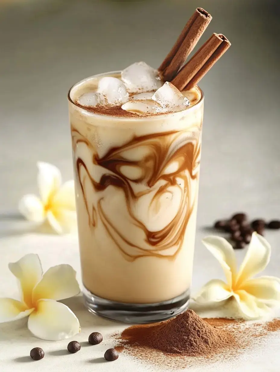 A glass of iced coffee with swirls of chocolate, topped with ice and cinnamon sticks, surrounded by coffee beans and vanilla flowers.