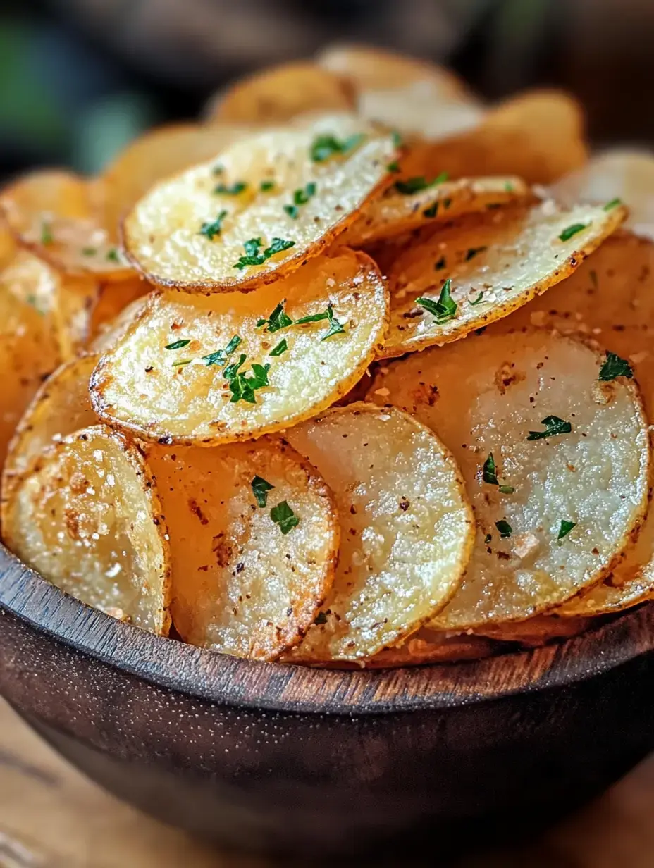 A wooden bowl filled with golden, crispy potato chips garnished with fresh parsley.