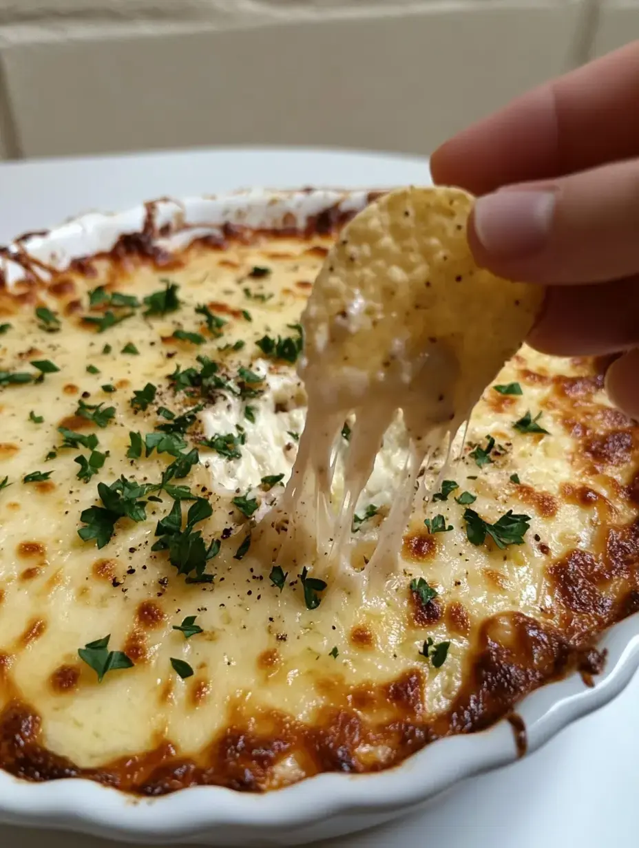 A hand holding a chip is reaching for a cheesy, baked dip topped with parsley in a white dish.