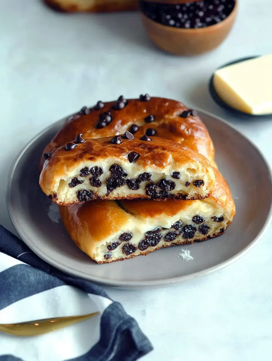 A plate holds a sliced pastry filled with chocolate chips, showcasing its soft, doughy interior.