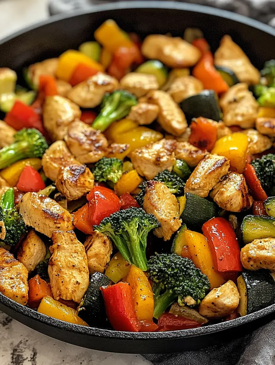 A skillet filled with sautéed chicken pieces and colorful vegetables, including bell peppers, broccoli, and zucchini.