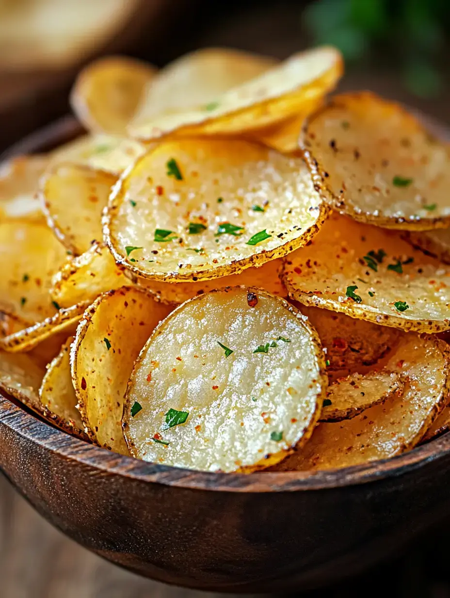 A close-up of a wooden bowl filled with crispy potato chips garnished with green herbs and spices.