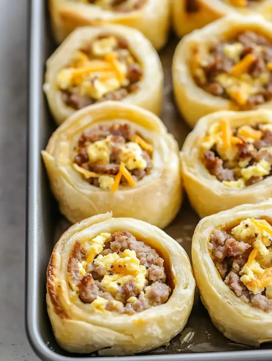 A close-up view of baked pastry rolls filled with sausage, scrambled eggs, and cheese, arranged in a baking tray.