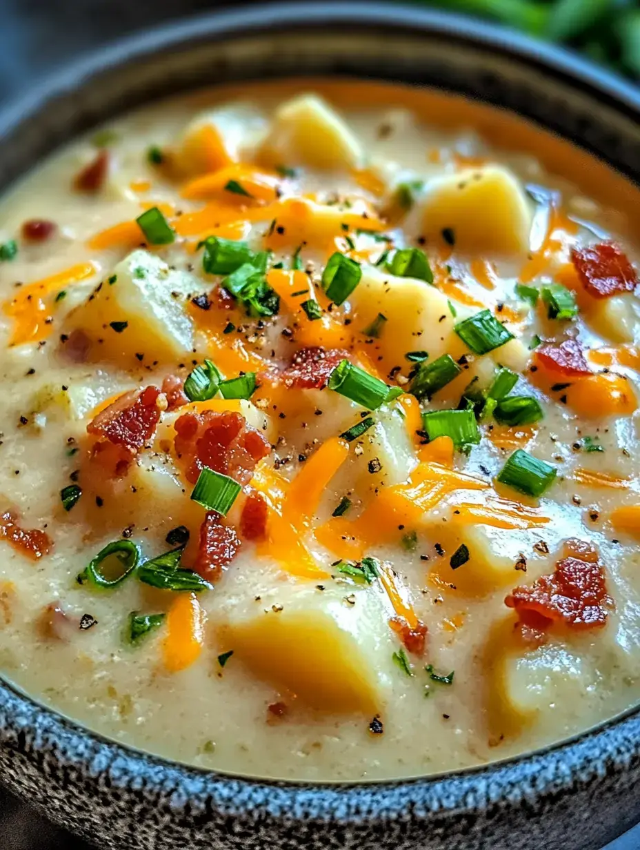 A bowl of creamy potato soup topped with cheddar cheese, crispy bacon bits, and chopped green onions.