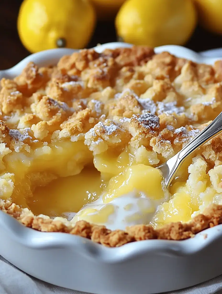 A close-up of a lemon dessert with a crumbly topping, showcasing a creamy lemon filling and a spoon resting on the side.