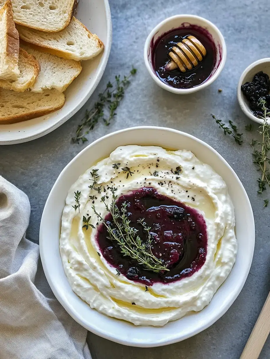 A bowl of creamy yogurt topped with berry compote and olive oil, garnished with thyme, accompanied by slices of bread and a small dish of honey.